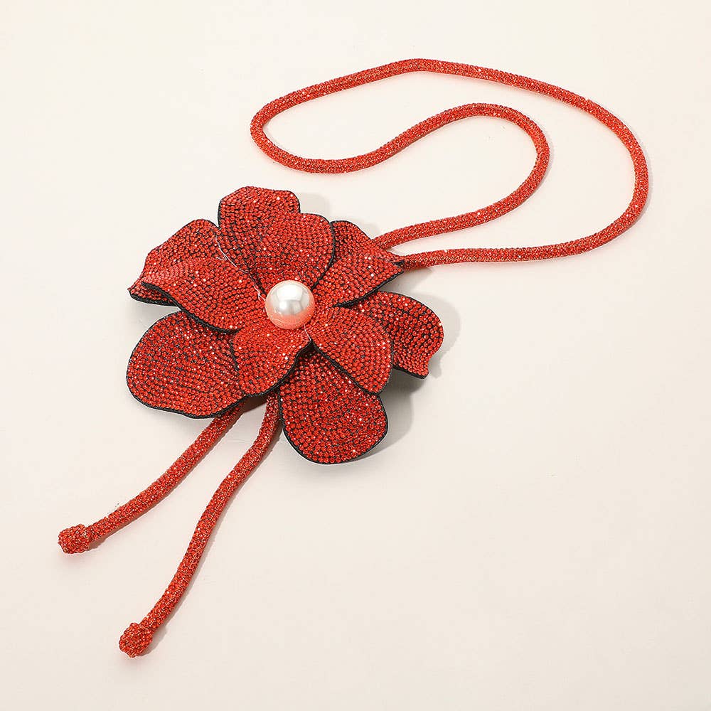 Pearl Centered Bling Studded Flower Pointed Bolo Tie Necklace