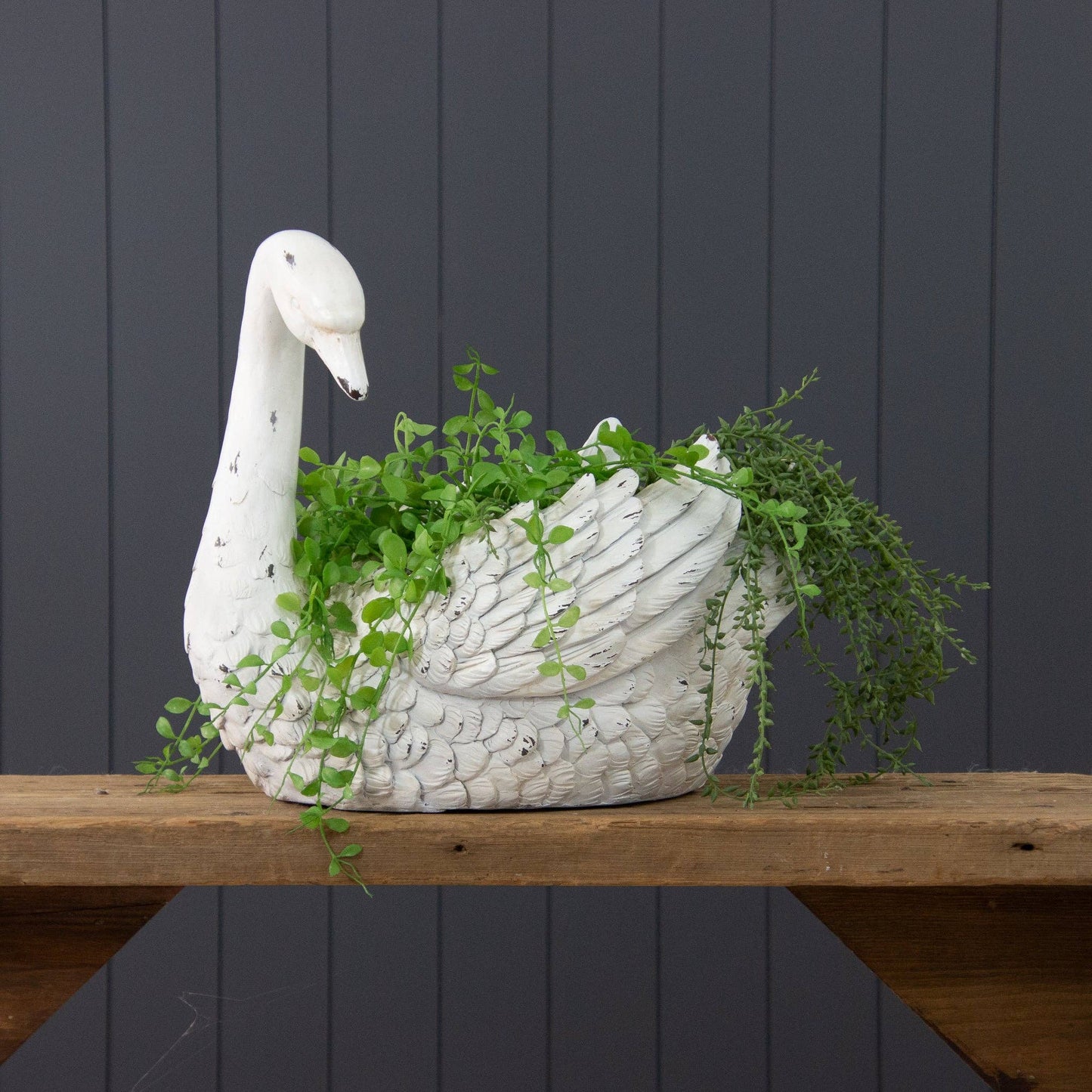 White Distressed Swan Planter