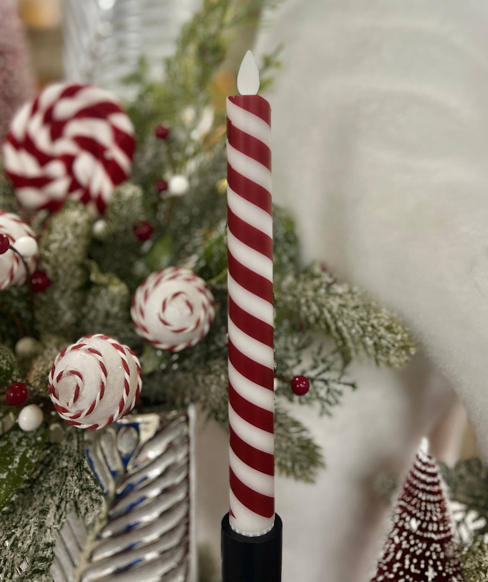 Candy Cane 3D Flame LED Taper Candle 10in Set of 2