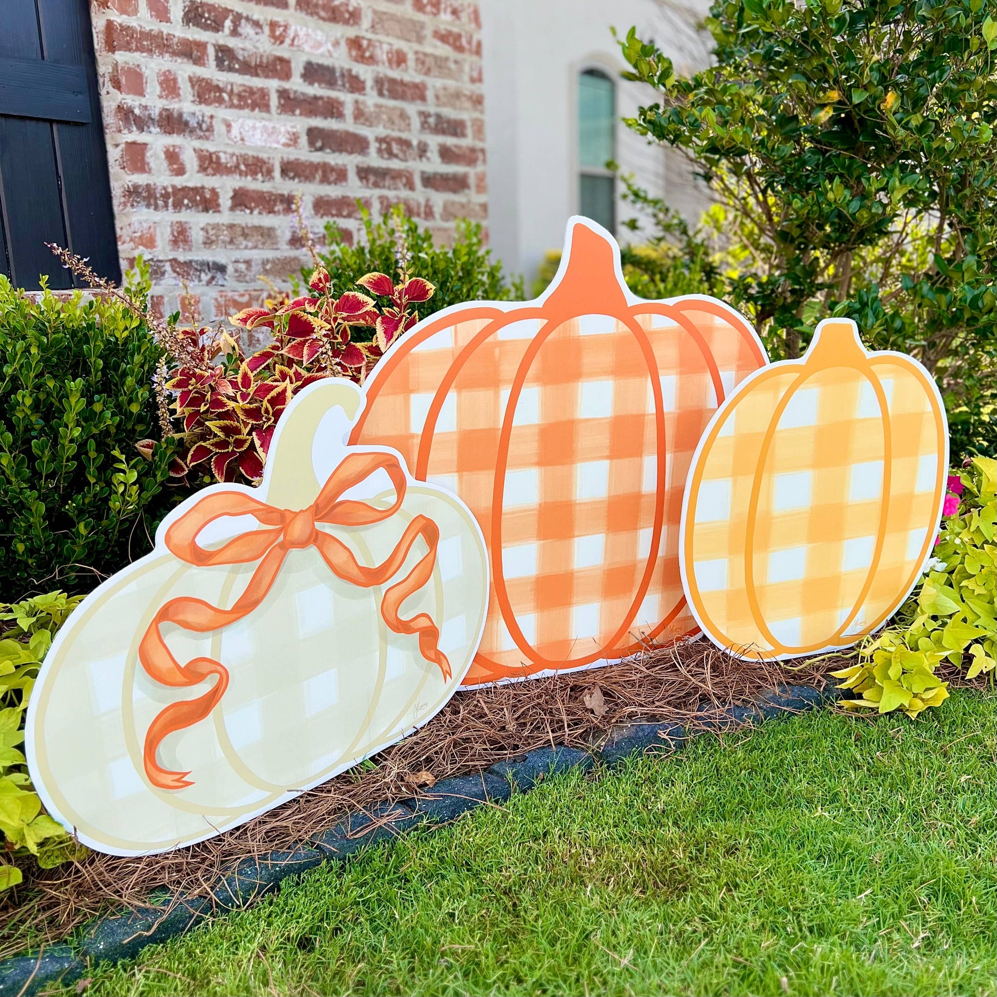 Khaki Gingham Pumpkin with Orange Bow