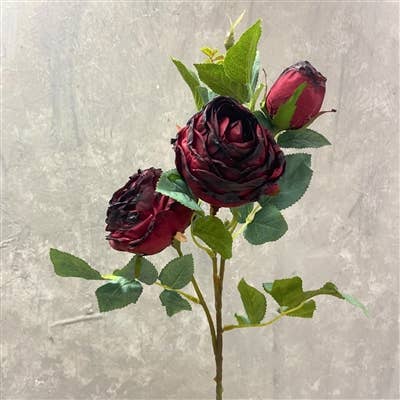 Vintage Garden Rose Spray x 3 25" - Dark Red