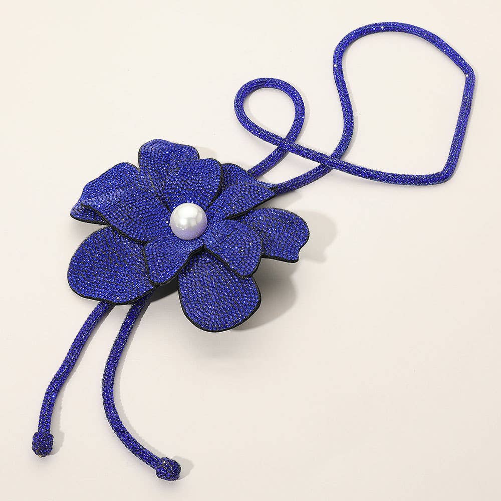 Pearl Centered Bling Studded Flower Pointed Bolo Tie Necklace