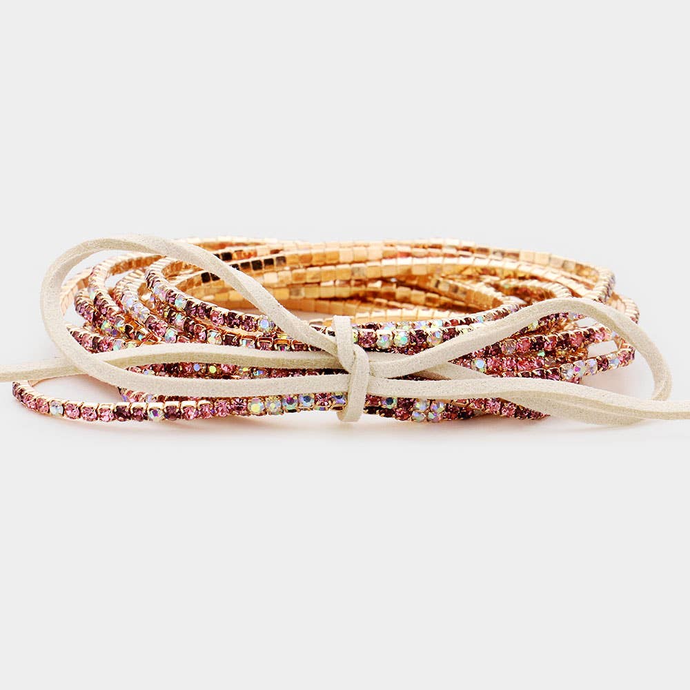 12PCS - Ribbon Colorful Rhinestone Layered Stretch Bracelets