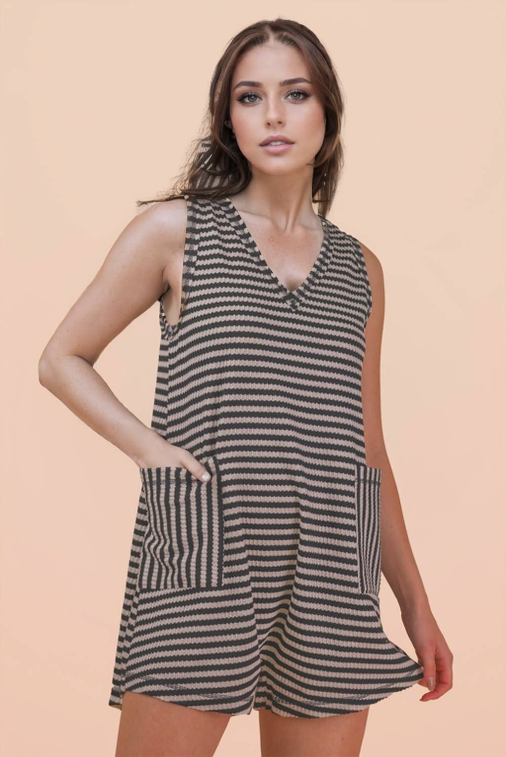 NP70744-Striped Knit Casual Comfy Romper
