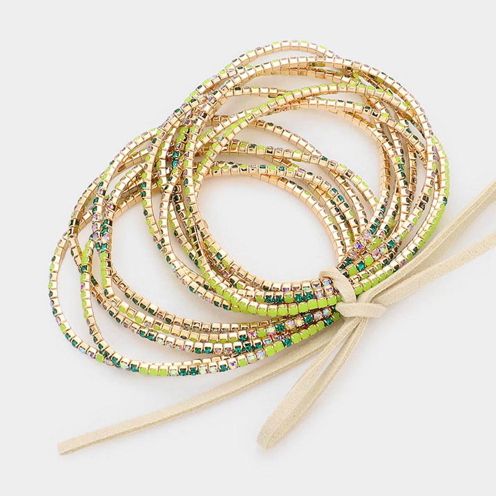12PCS - Ribbon Colorful Rhinestone Layered Stretch Bracelets