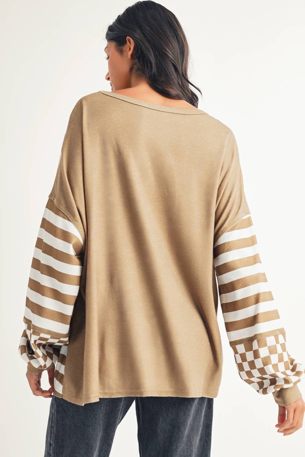 LDC Checkerboard Striped Patchwork Lantern Sleeve Blouse