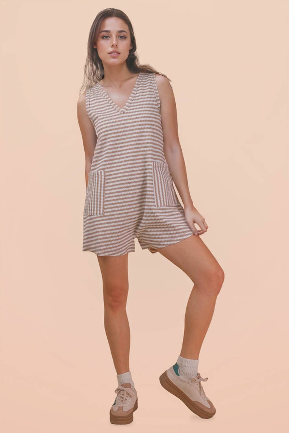 NP70744-Striped Knit Casual Comfy Romper