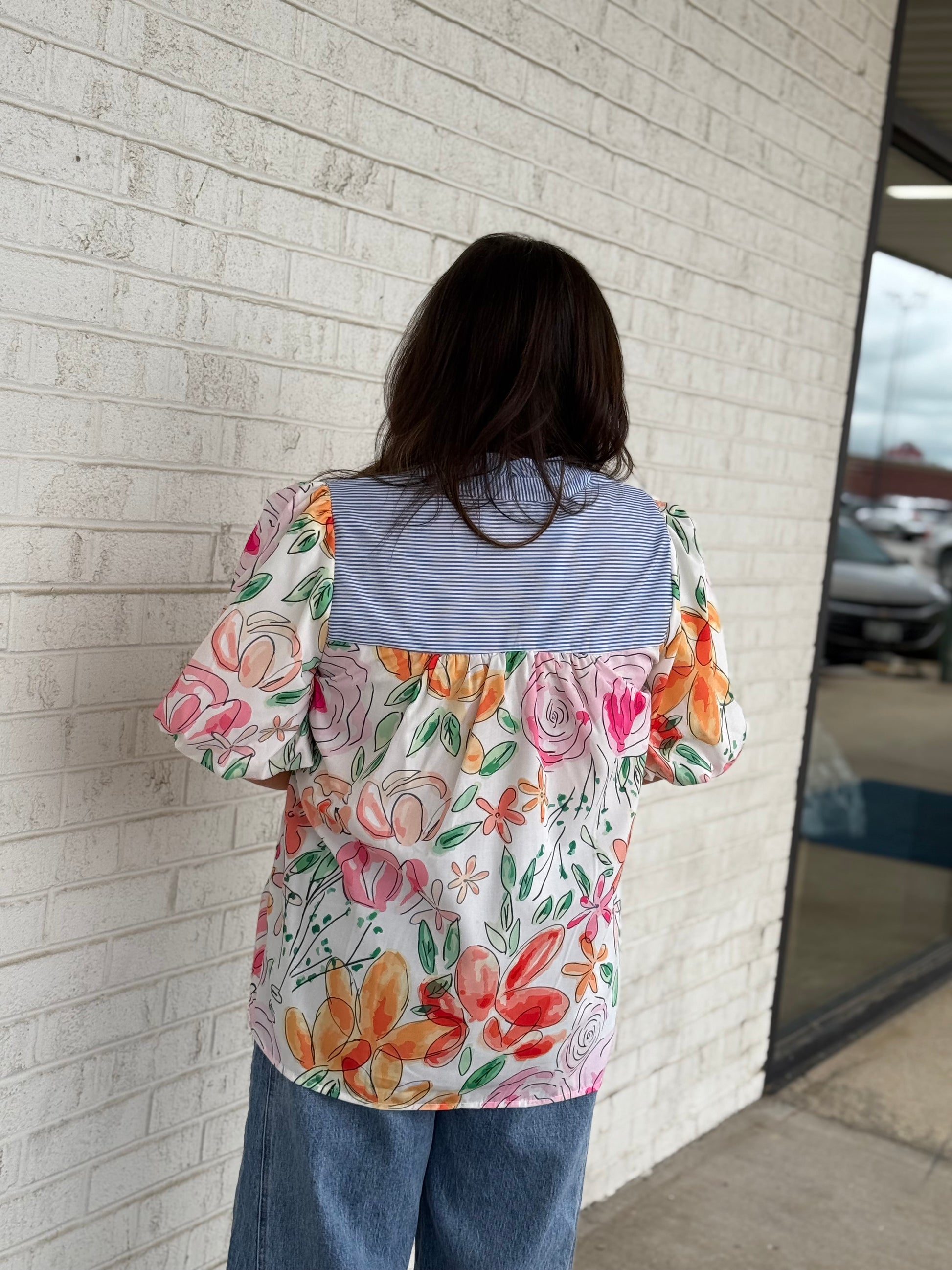 Floral Stripe Puff Sleeve Blouse
