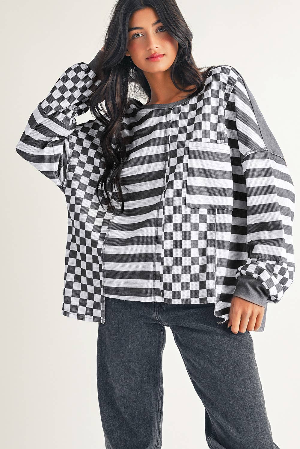 LDC Checkerboard Striped Patchwork Lantern Sleeve Blouse