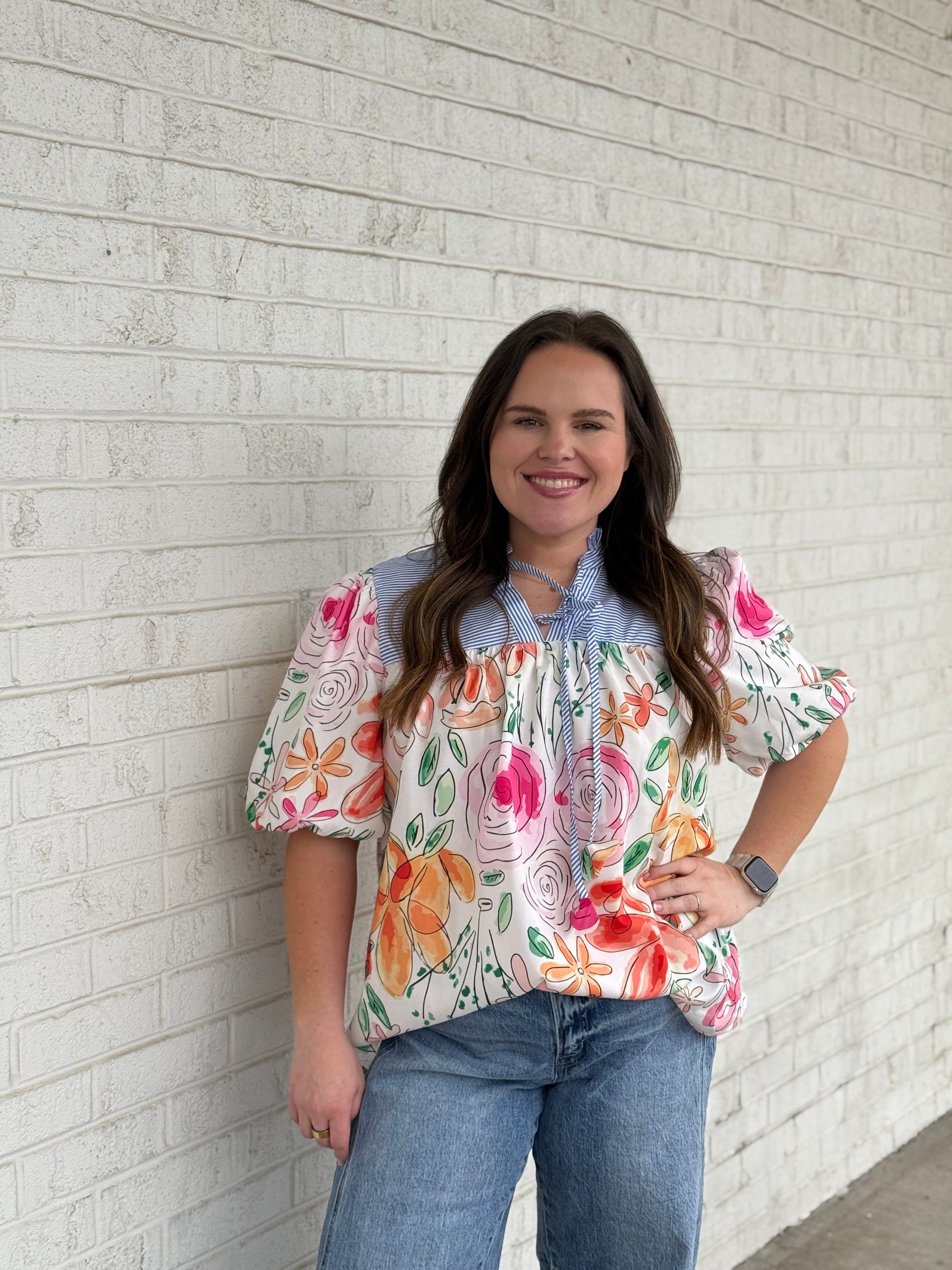 Floral Stripe Puff Sleeve Blouse