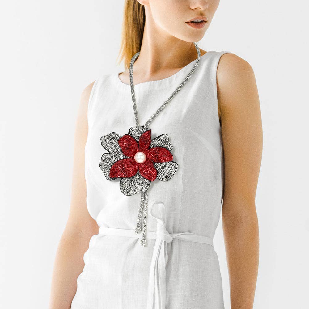 Pearl Centered Bling Studded Flower Pointed Bolo Tie Necklace