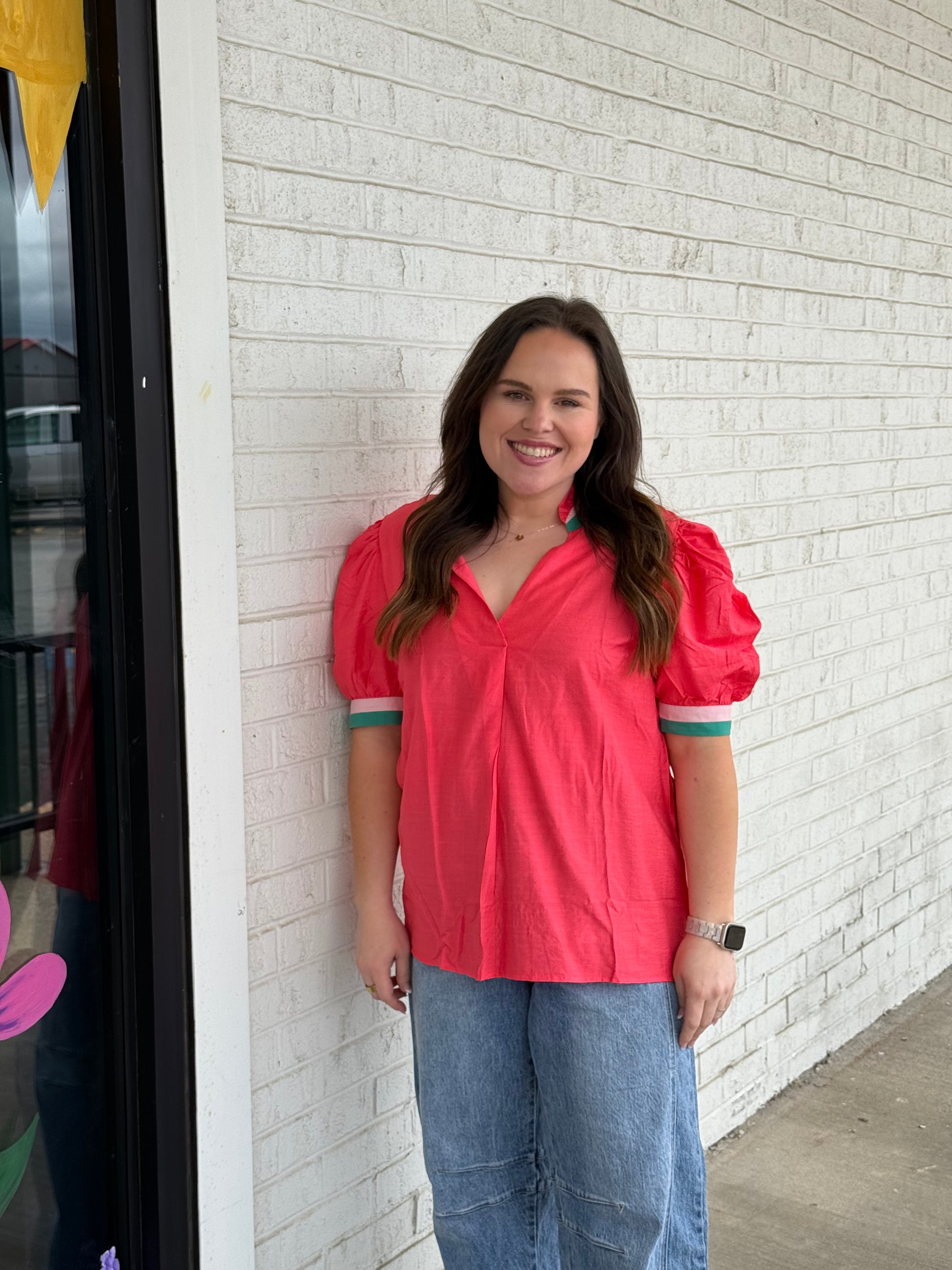 Colorblock Trim Short Sleeve Blouse
