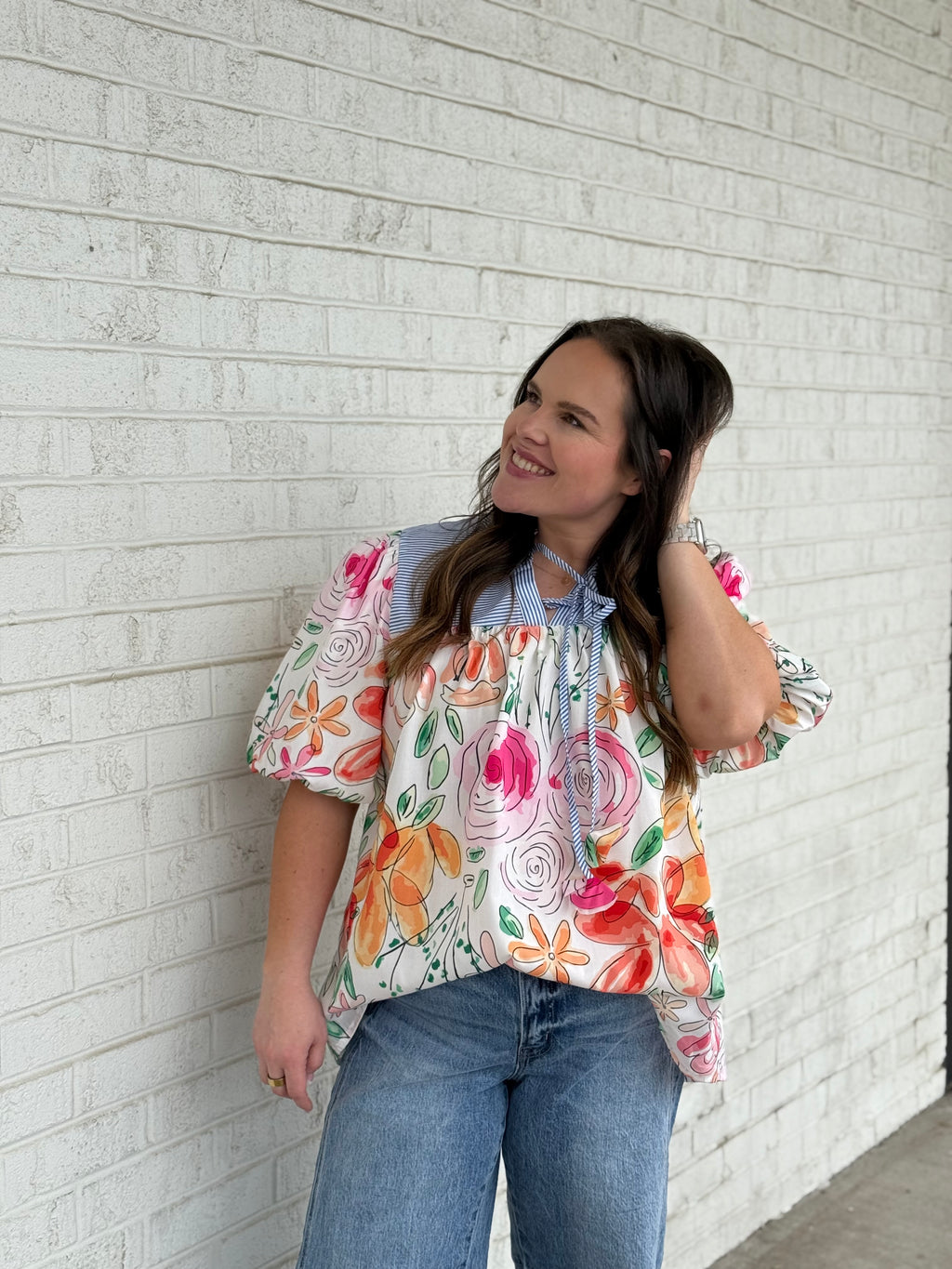 Floral Stripe Puff Sleeve Blouse