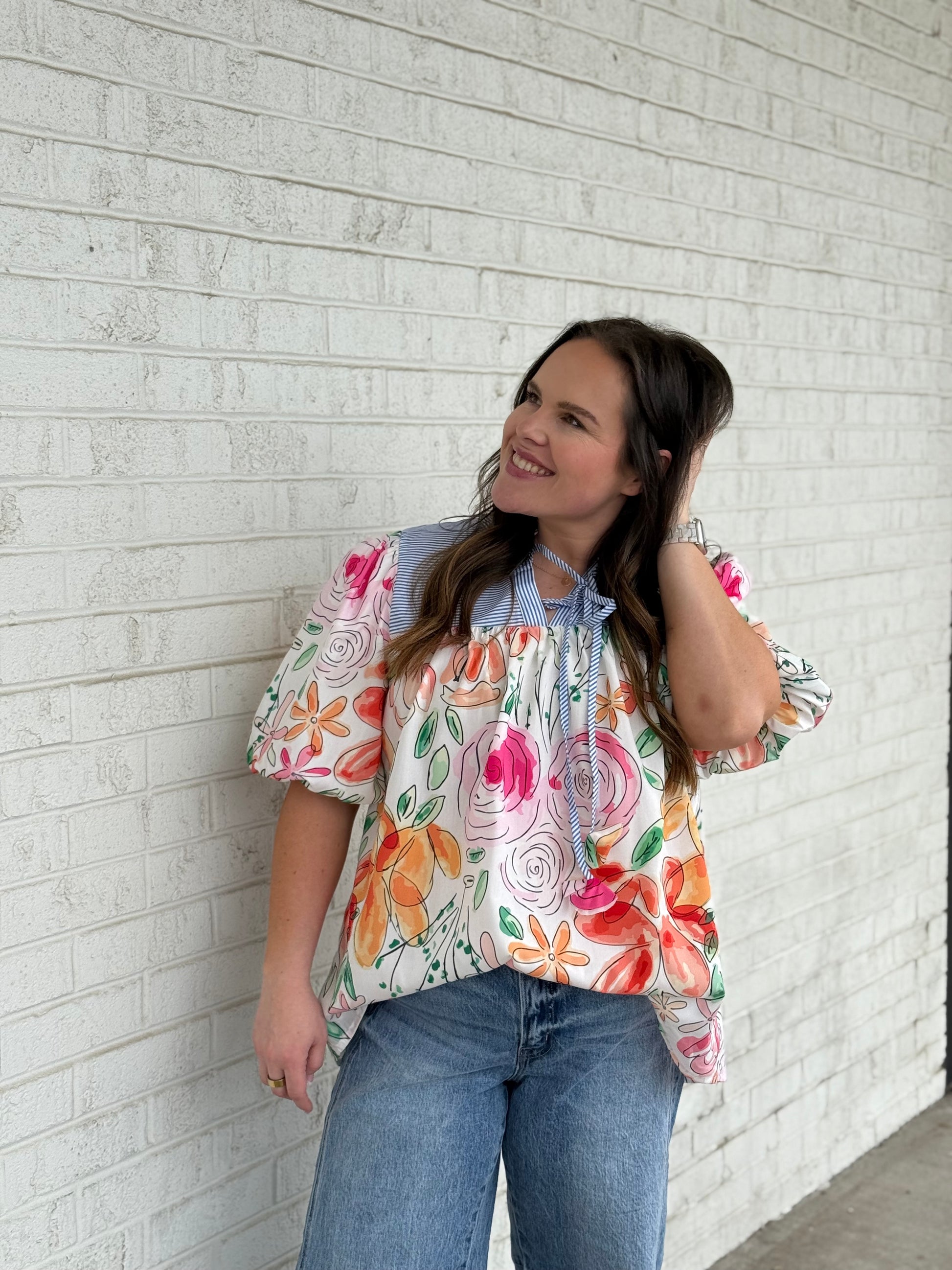 Floral Stripe Puff Sleeve Blouse