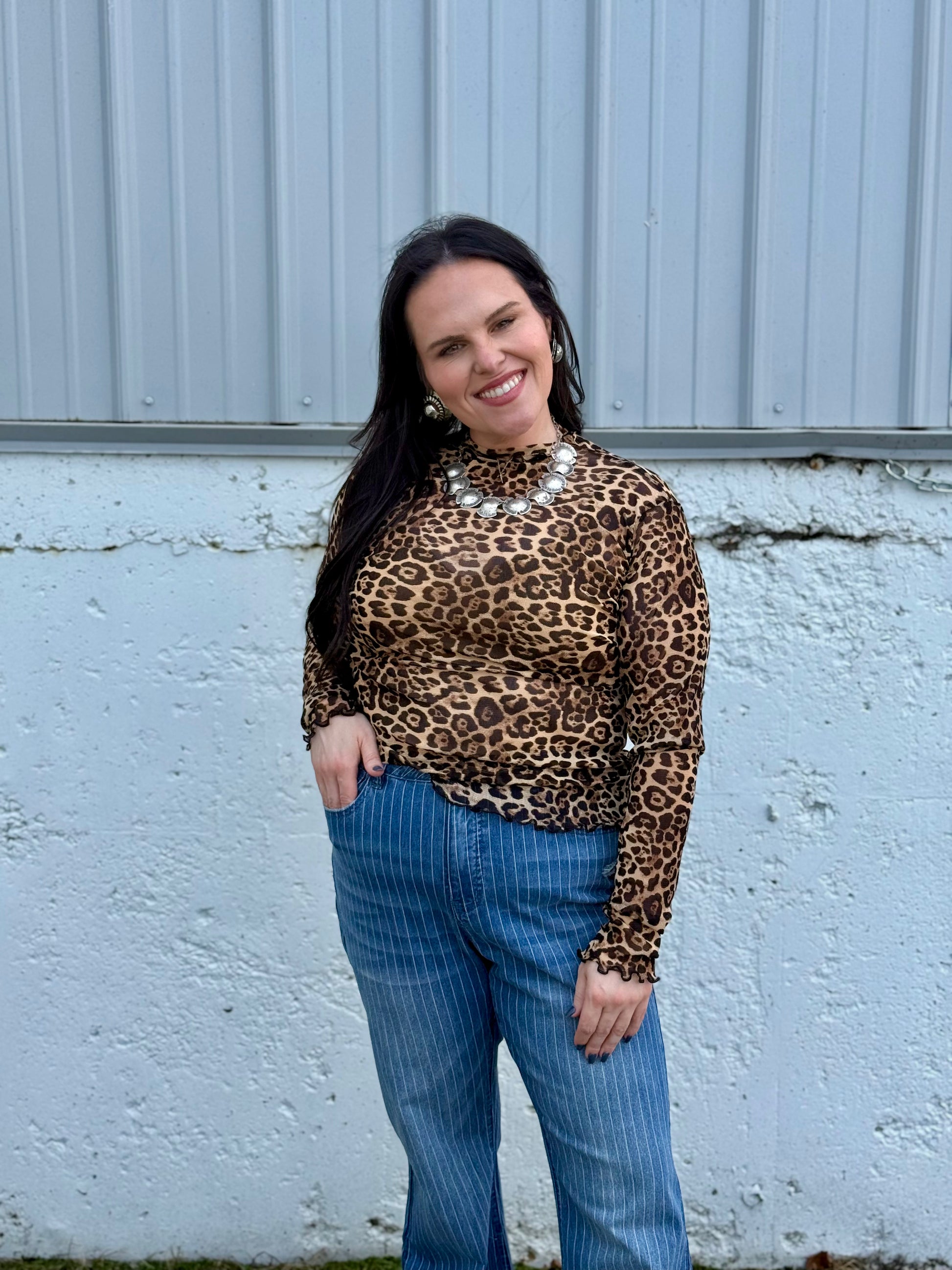 Mesh Leopard Print Long-Sleeved Top