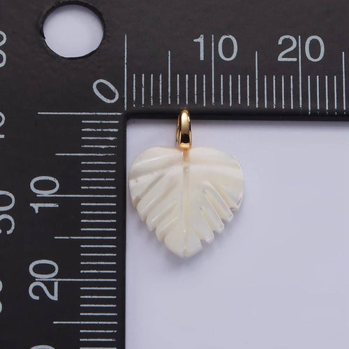 14K Gold Filled 17mm Shell Pearl Heart Nature Monstera Leaf Pendant | P1640