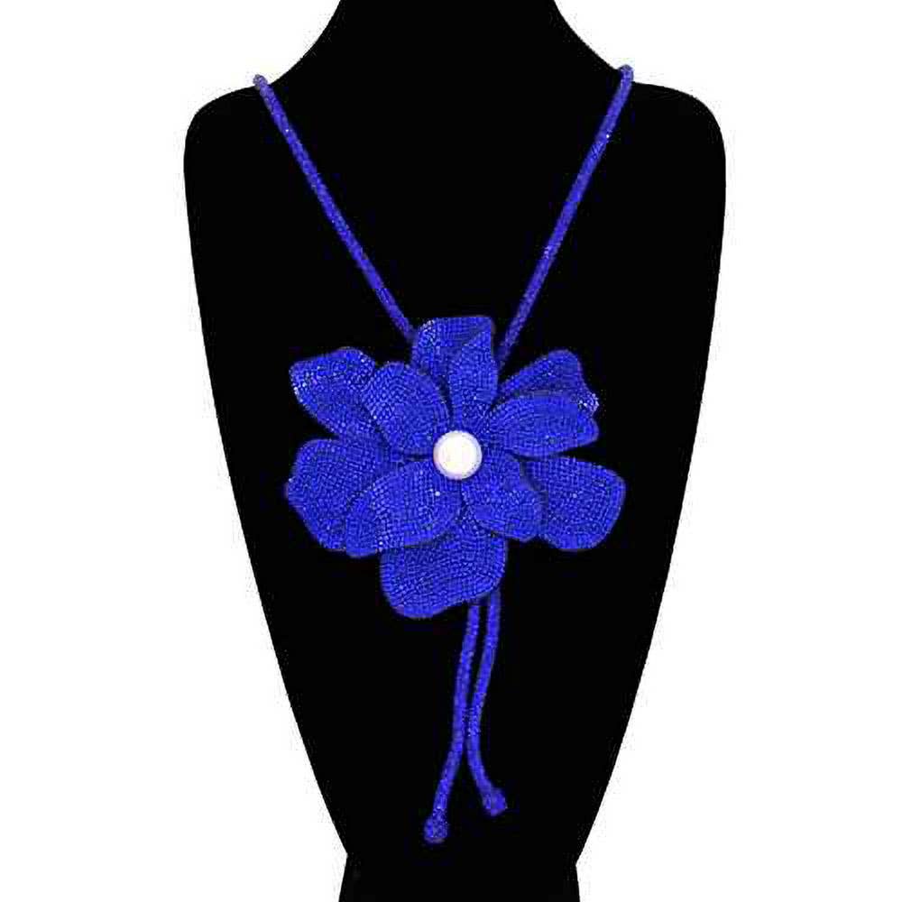 Pearl Centered Bling Studded Flower Pointed Bolo Tie Necklace