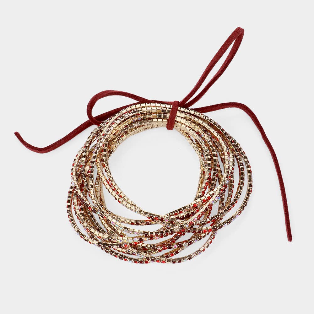 12PCS - Ribbon Colorful Rhinestone Layered Stretch Bracelets