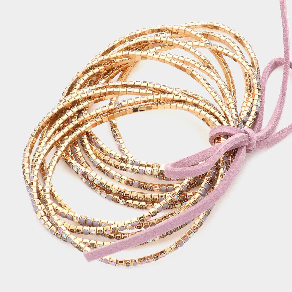12PCS - Ribbon Colorful Rhinestone Layered Stretch Bracelets