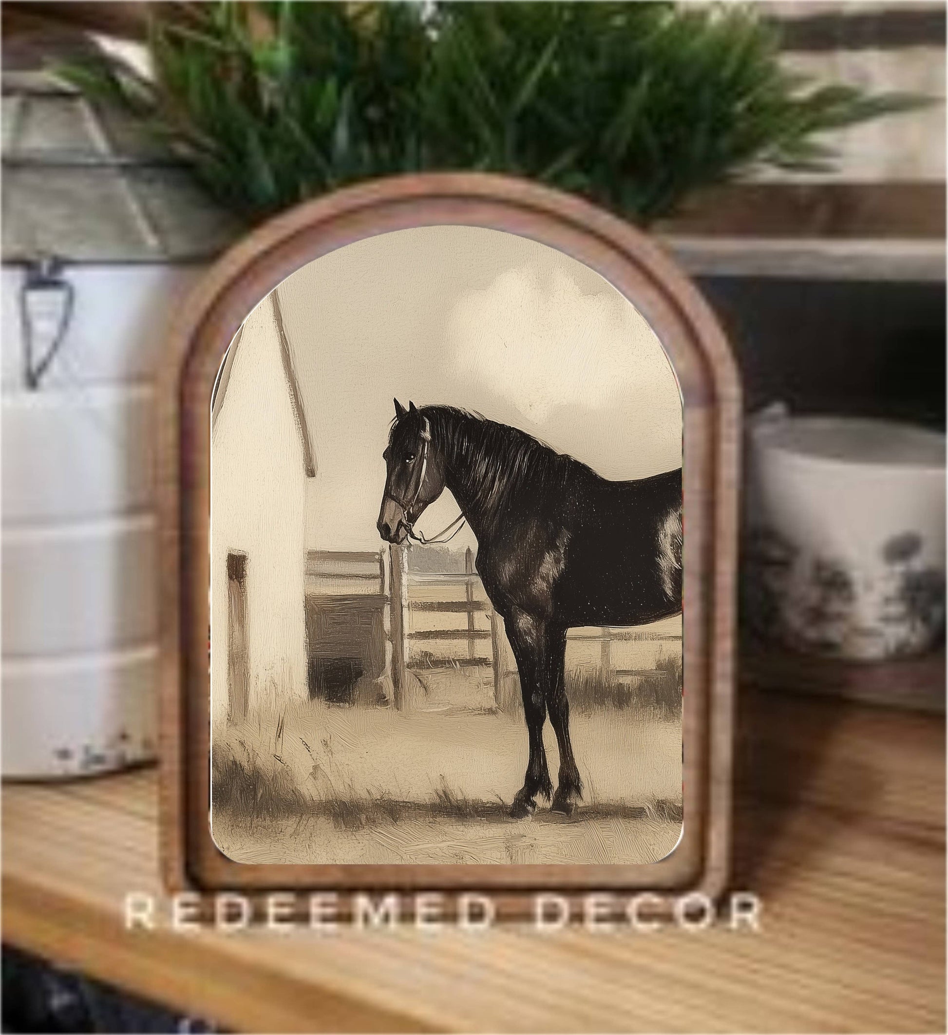 Arch Top Black Horse Framed Art