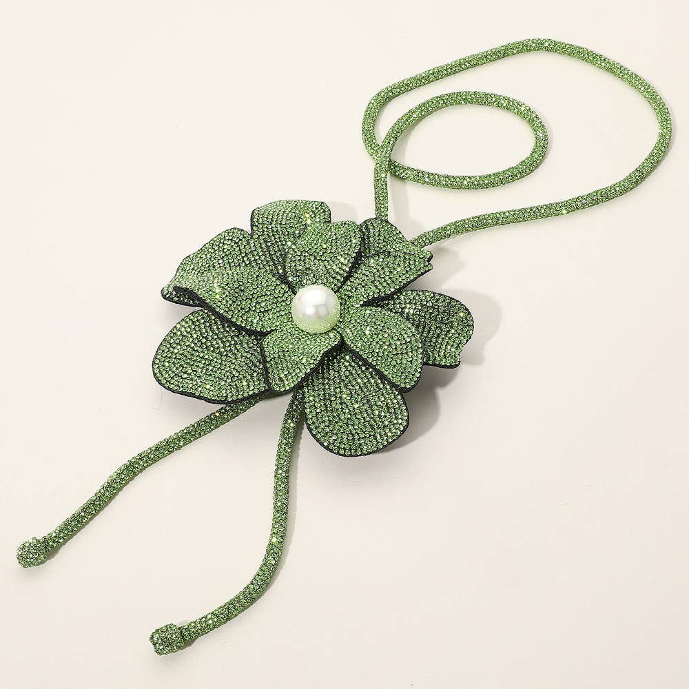 Pearl Centered Bling Studded Flower Pointed Bolo Tie Necklace
