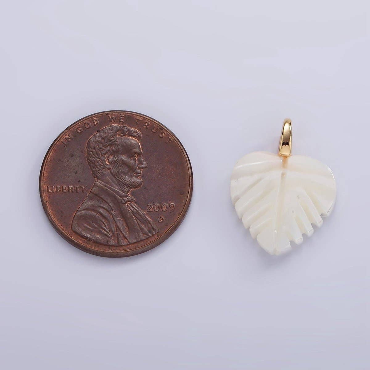 14K Gold Filled 17mm Shell Pearl Heart Nature Monstera Leaf Pendant | P1640