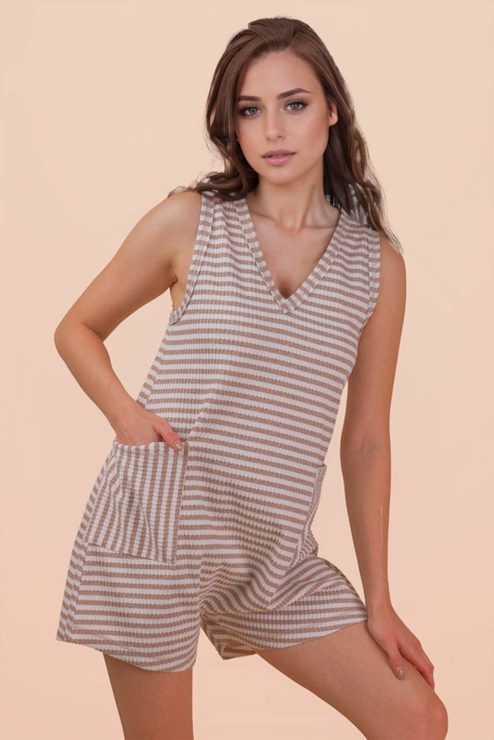 NP70744-Striped Knit Casual Comfy Romper