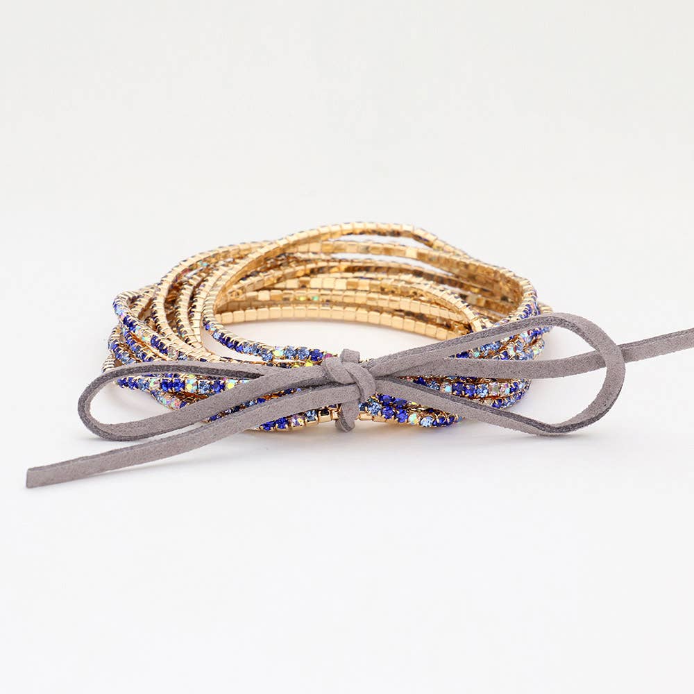 12PCS - Ribbon Colorful Rhinestone Layered Stretch Bracelets
