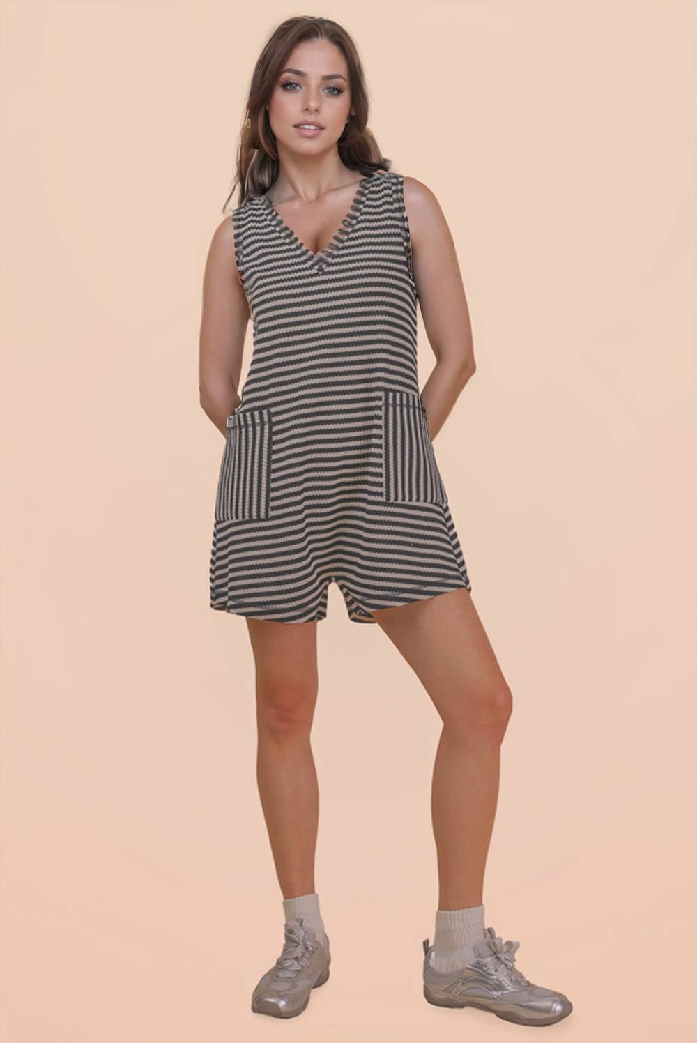 NP70744-Striped Knit Casual Comfy Romper