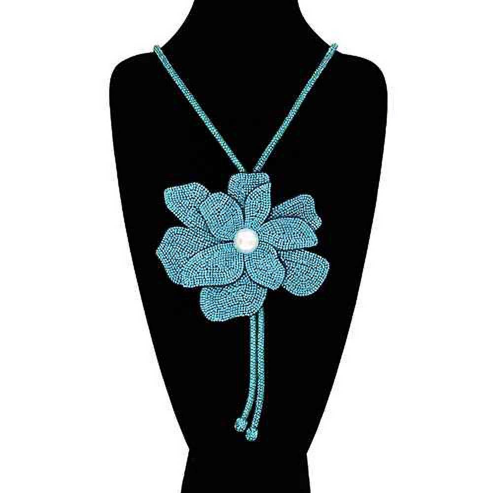 Pearl Centered Bling Studded Flower Pointed Bolo Tie Necklace