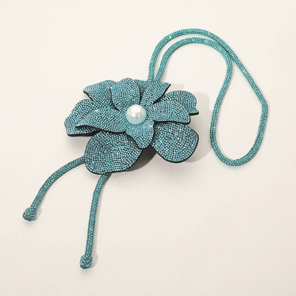 Pearl Centered Bling Studded Flower Pointed Bolo Tie Necklace