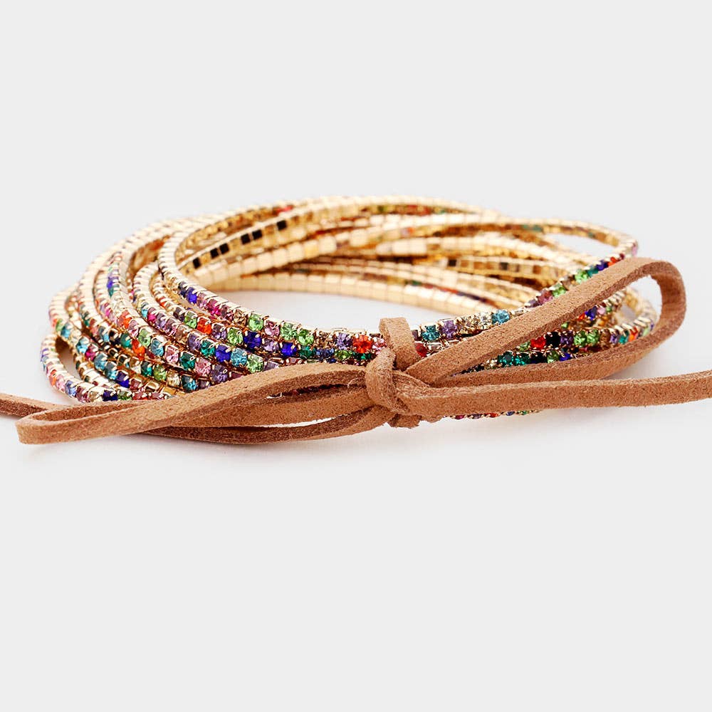 12PCS - Ribbon Colorful Rhinestone Layered Stretch Bracelets