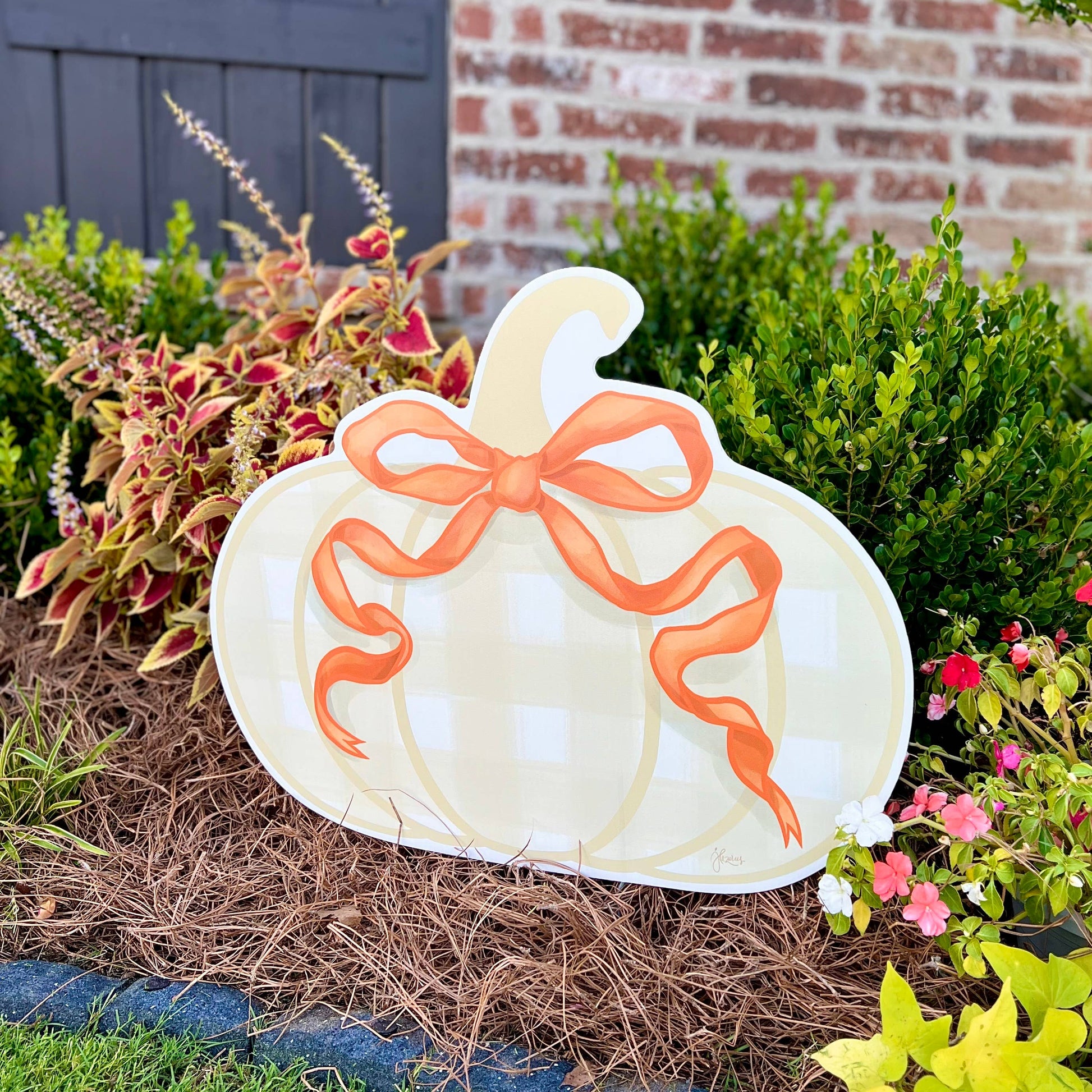 Khaki Gingham Pumpkin with Orange Bow