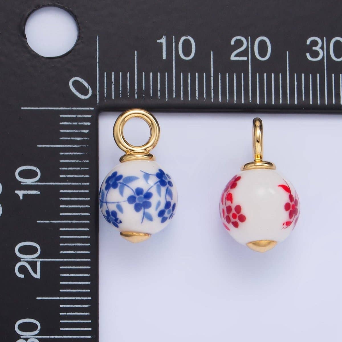 24K Gold Filled Blue, Red Flowers Ceramic Drop Charm | W123
