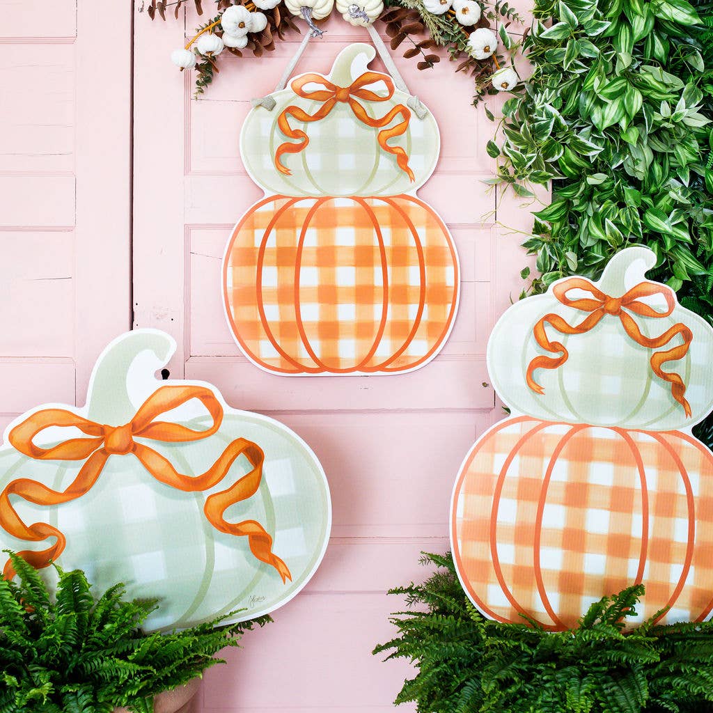 Khaki Gingham Pumpkin with Orange Bow