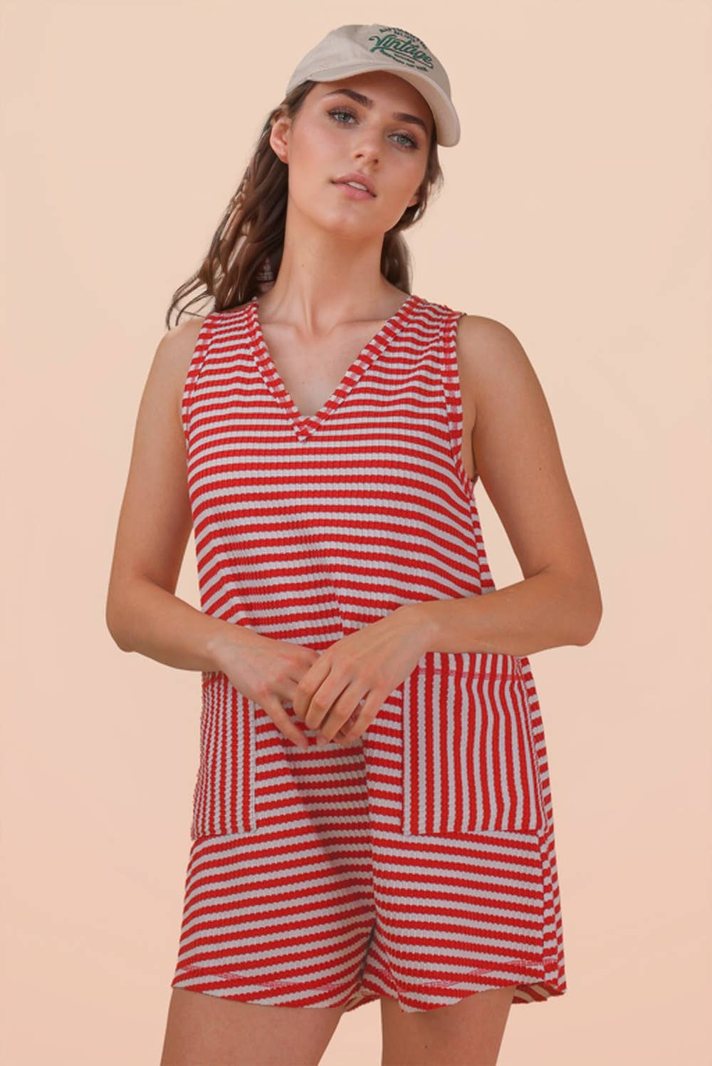 NP70744-Striped Knit Casual Comfy Romper