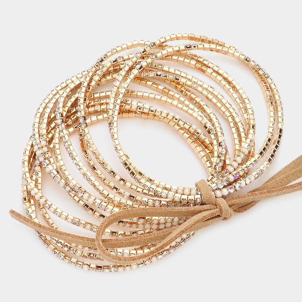 12PCS - Ribbon Colorful Rhinestone Layered Stretch Bracelets