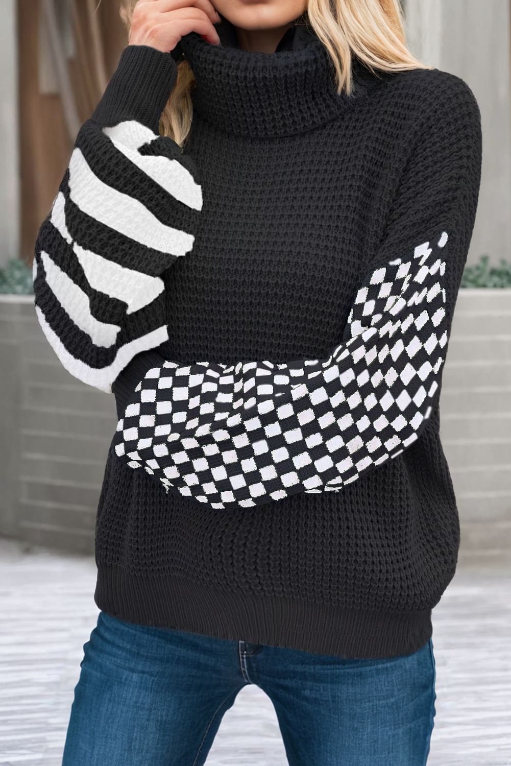 LDC Striped Plaid Patchwork Waffle Knit Turtleneck Sweater
