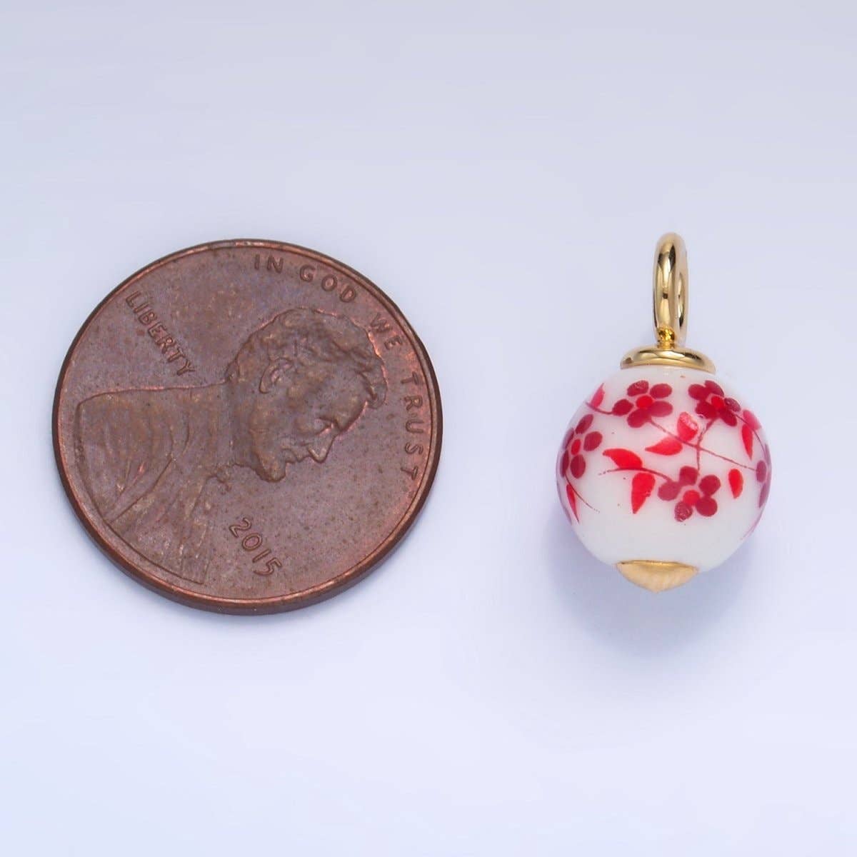 24K Gold Filled Blue, Red Flowers Ceramic Drop Charm | W123