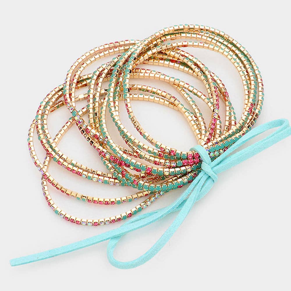 12PCS - Ribbon Colorful Rhinestone Layered Stretch Bracelets