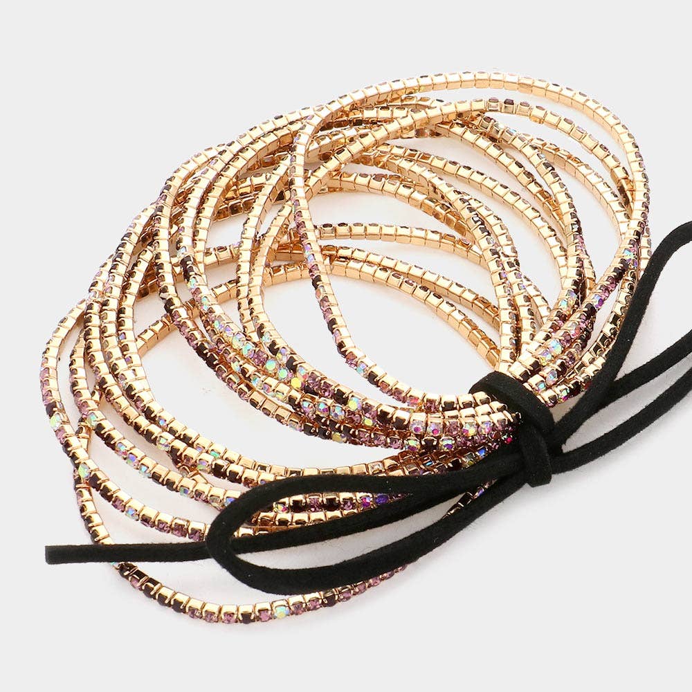 12PCS - Ribbon Colorful Rhinestone Layered Stretch Bracelets