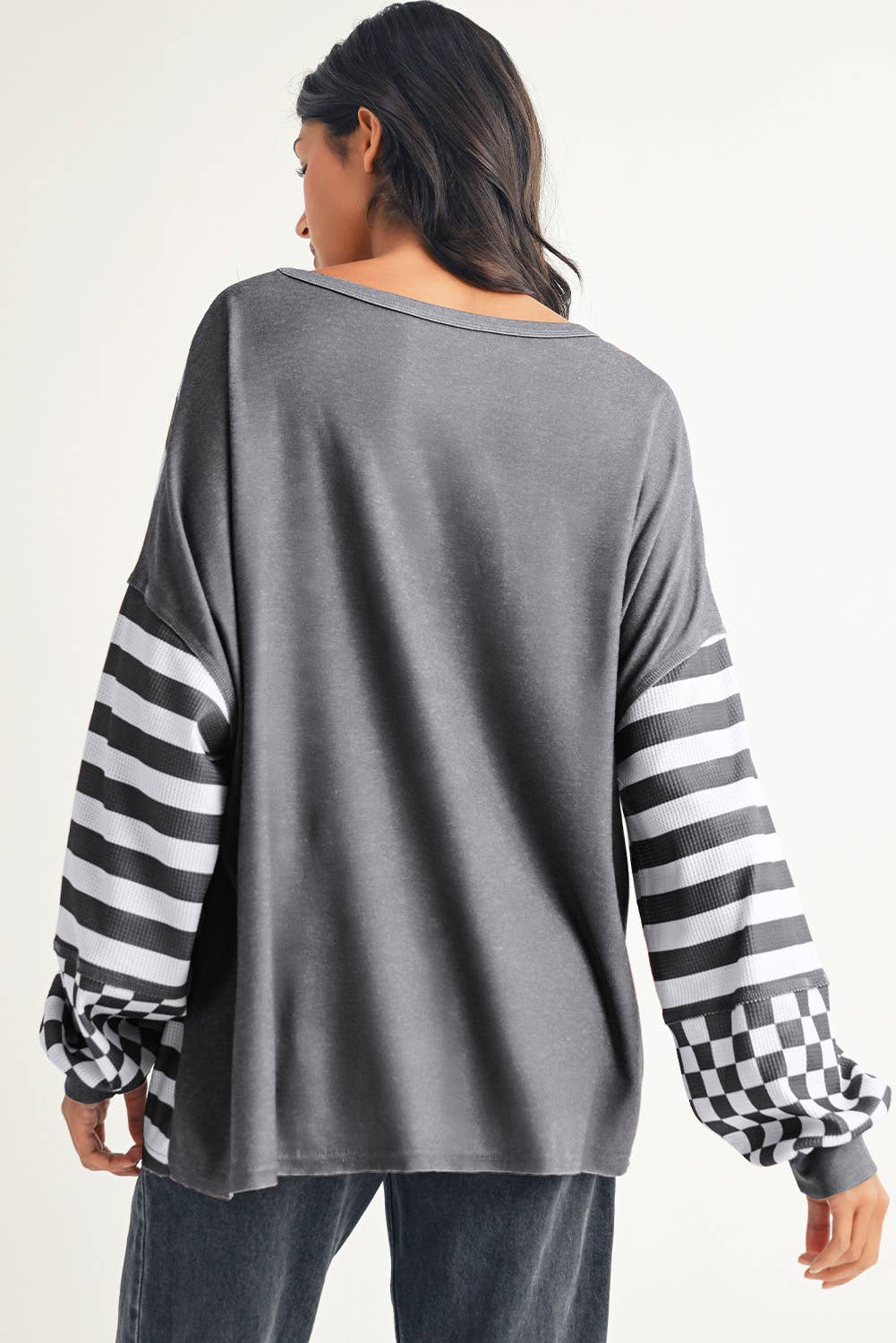 LDC Checkerboard Striped Patchwork Lantern Sleeve Blouse