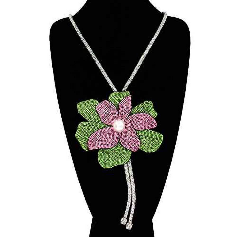 Pearl Centered Bling Studded Flower Pointed Bolo Tie Necklace