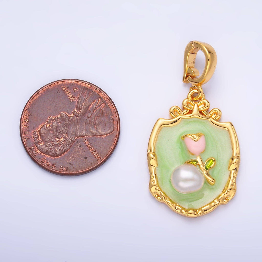 24K Gold Filled Green Pink Rose Flower With Pearl Snap Bail Pendant | AA1462