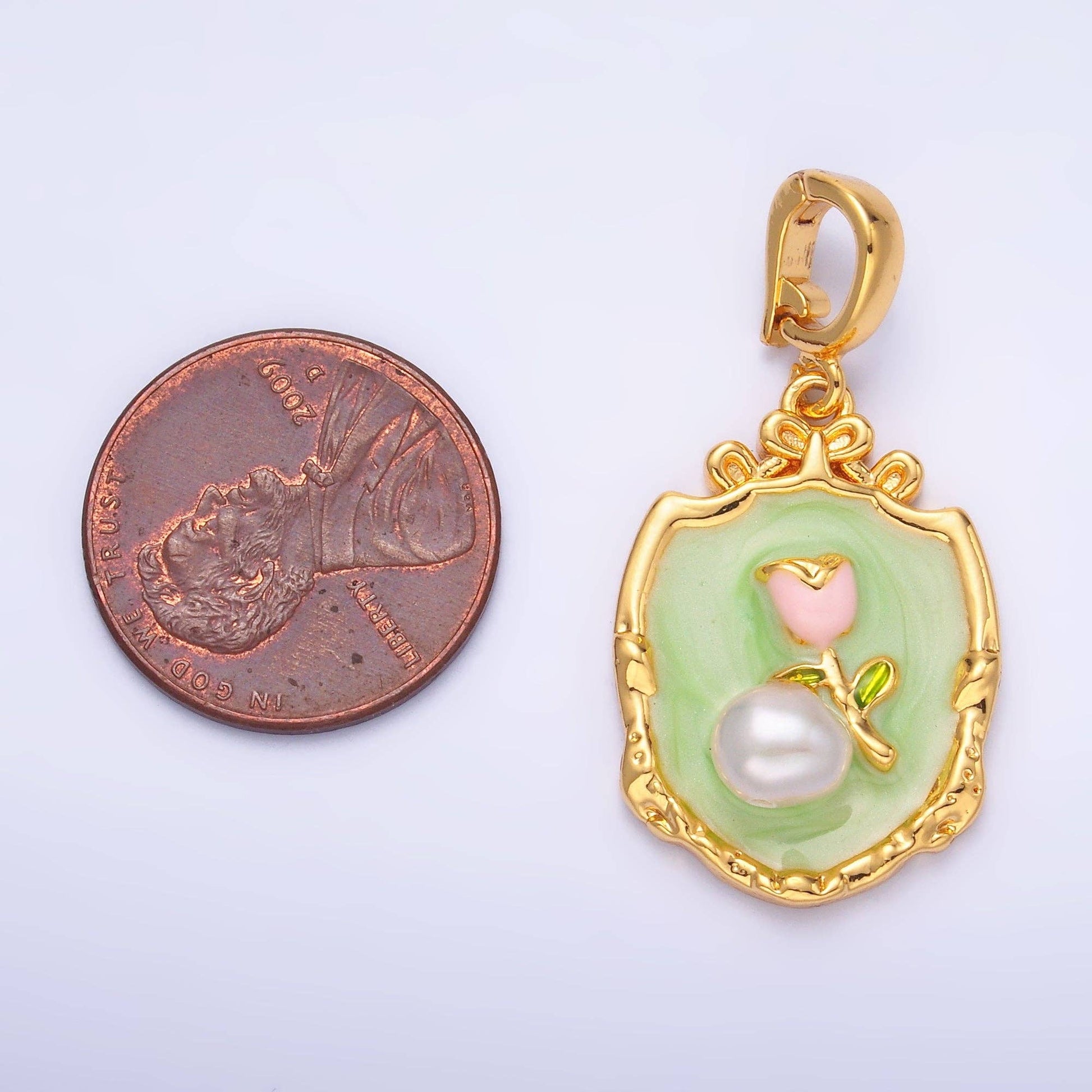 24K Gold Filled Green Pink Rose Flower With Pearl Snap Bail Pendant | AA1462