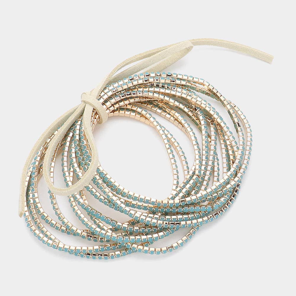 12PCS - Ribbon Colorful Rhinestone Layered Stretch Bracelets