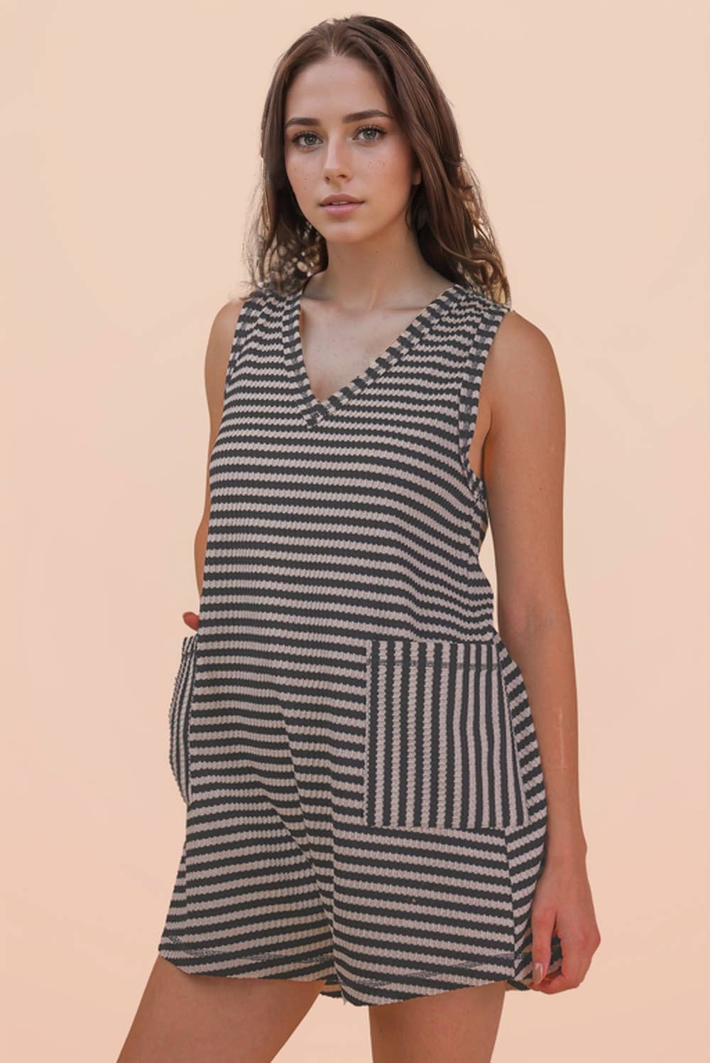 NP70744-Striped Knit Casual Comfy Romper