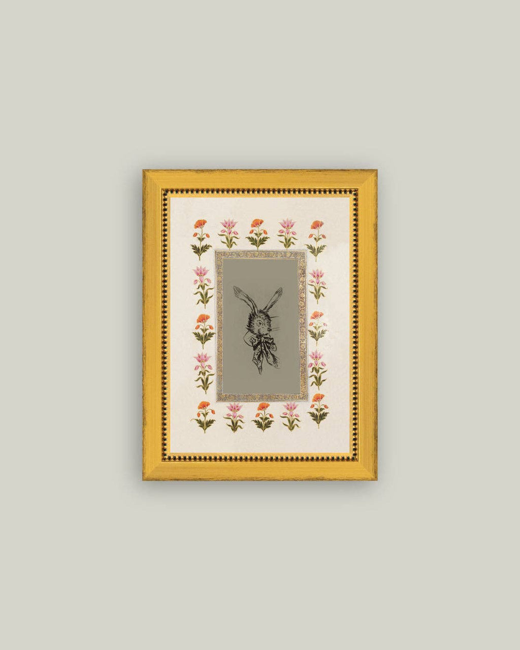 Rabbit with Floral Border Framed Antique Art