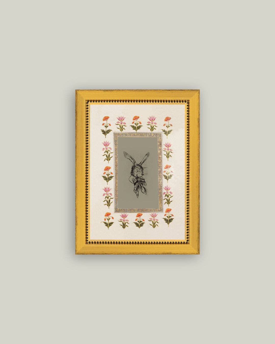 Rabbit with Floral Border Framed Antique Art