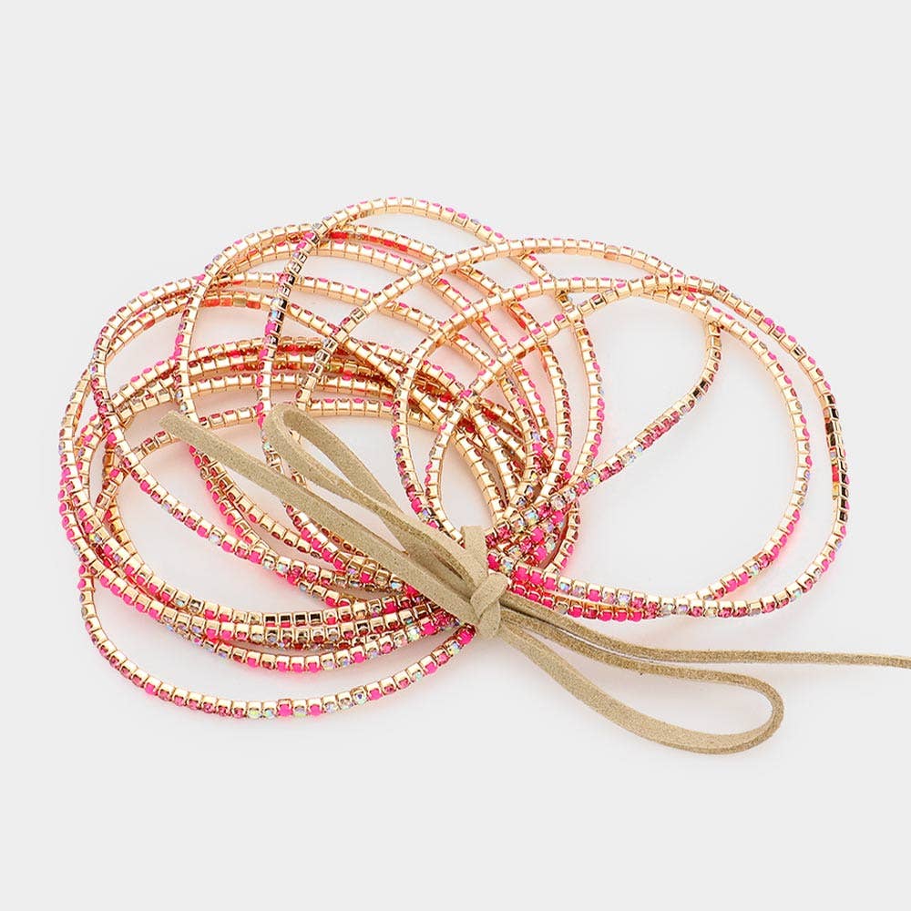 12PCS - Ribbon Colorful Rhinestone Layered Stretch Bracelets